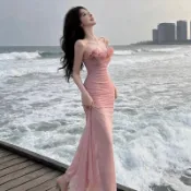 實拍設計感生日禮服裙溫柔風花朵網紗吊帶連身裙沙灘度假裙魚尾裙