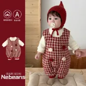 ✨NEbeans✨【加厚揹帶褲+保暖上衣】冬款小香風喜慶嬰兒愛心連身衣外出衣服/收涎服/週歲服