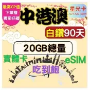 【Star SIM 星光卡】白鑽中港澳 中國香港澳門免翻牆90天20GB 高速 無限量 吃到飽(實體卡  eSIM)