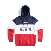 【EDWIN】x FILA聯名 男女裝 經典主義拼接休閒連帽長袖T恤(紅色)