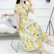 棉綢 碎花 短袖裙 女 夏 波西米亞 沙灘 連衣裙 海邊 渡假 夏日 碎花 棉綢裙 渡假風