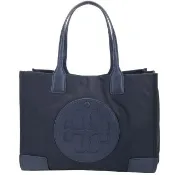 【TORY BURCH】Ella 小款 皮革盾牌前袋 拼接尼龍托特包(海軍藍 手提包 肩背包)