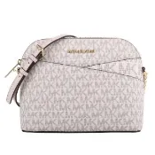 【Michael Kors】金MK字防刮鍊帶斜背貝殼包白x粉邊(白x粉邊)