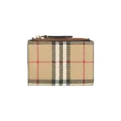【BURBERRY 巴寶莉】格紋及小牛皮釦式二折短夾(經典米色/石楠木棕)