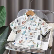 男童短袖襯衫2026新款洋氣兒童夏季卡通衣服寶寶夏裝韓版洋氣襯衫休閒百搭兒童短袖襯衫印花襯衫韓版兒童夏季渡假風襯衫上衣