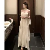 【花拾·HUA】洋裝✨ 帶胸墊壓褶工藝淑女渡假寬鬆連衣裙中長款 抹胸連身裙 休閑氣質長裙