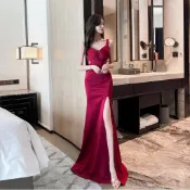 【臧女皇】隔日到貨S-XL酒紅色高衩魚尾晚禮服「有胸墊」交叉V領設計拖地禮服 高腰長裙露背洋裝 主持禮服