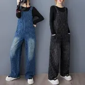 【巴黎精品】牛仔吊帶褲丹寧連身褲大碼寬褲直筒褲落地褲休閒女裝(點點磨白女長褲子2色n1jc44)