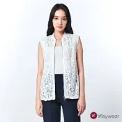 KeyWear奇威名品    蕾絲罩紗拼接開襟背心外套-白色