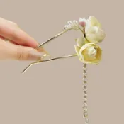 甜美 氛圍感 薔薇花 U型 珠珠流蘇 髮簪 搭旗袍 漢服 後腦勺 盤發 國風 簪子