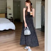 La Belleza温柔風純欲水玉點點細肩吊帶洋裝女度假風摺皺寬鬆層次荷葉邊大擺裙洋裝