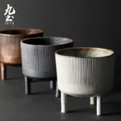 九土日式手工花器擺件家居裝飾品飯店餐廳創意擺件粗陶鼎造型插花器水耕花瓶復古高腳陶瓷水培花盆多肉盆栽檯面花瓶DER0086