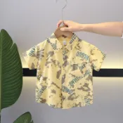小童夏季襯衣兒童短袖薄款印花襯衫寶寶洋氣韓版男童帥氣嬰兒夏裝休閒百搭兒童短袖襯衫印花襯衫韓版兒童夏季渡假風襯衫上衣