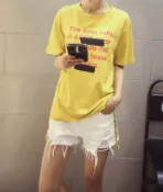 FINDSENSE服飾 FINDSENSE MD 韓國時尚 女 寬鬆 特色字母印花塗擦 短袖T恤 學生短T 圓領T恤