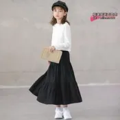【台灣現貨】2024韓版秋冬女童鬆緊顯瘦休閒黑色拼接大裙擺荷葉邊半身裙長裙