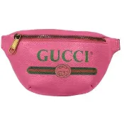 【GUCCI 古馳】527792 經典Gucci Print復古圖案牛皮綠紅綠織帶胸腰包/斜背包(桃粉色-福利品)