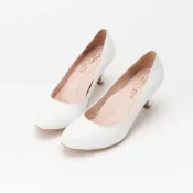 (店+)【DREAMS SHOP】氣墊_MIT真皮素面圓頭高跟鞋 白色 大尺碼女鞋37-44