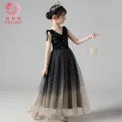 兒童演出服 表演服 女童禮服公主裙洋氣黑色生日蓬蓬紗小女孩走秀表演兒童鋼琴演出服