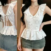(New Arrival) Lovito 波西米亞風 蕾絲刺繡雪紡上衣 後綁帶荷葉邊 春夏白色女衫 BLK8P1D555