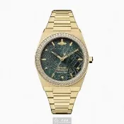 【Vivienne Westwood】手錶型號VW30331墨綠色錶面香檳金34mm錶殼香檳金精鋼錶帶款