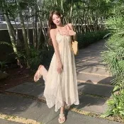 【AS 梨卡】隔日到貨 女裝 洋裝 連身裙 掛脖吊帶 白色洋裝 海邊長裙 度假洋裝 大露背長裙 夏天 GA460