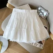 女裝 甜美學院風~蕾絲邊白色半身裙 女新款a字大裙擺蓬蓬短裙子