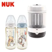 【NUK原廠直營賣場】二合一蒸氣烘乾消毒鍋組+迪士尼寬口徑PPSU感溫奶瓶300mLx2(顏色隨機)