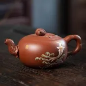 臺灣現貨宜興紫砂壺手工茶壺大紅袍泥繪荷花蓮藕金魚壺年年有魚送禮收藏