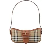 【BURBERRY 巴寶莉】Sling 經典格紋風衣釦肩背包(經典米色/石楠木棕色)