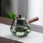 全球選品1館 生活百貨 85N法風玻璃茶壺側把煮茶壺胡桃木手柄防燙家用茶具套裝泡趙燭優