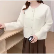 現貨 圓領針織衫 韓系美衣 針織小香外套 寬鬆毛衣 短版外套 小香風外套毛呢外套 簡約軟糯 水貂毛外套 附口袋｜𝑨𝒖𝒓𝒂