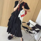 【韓國chic黑色短袖洋裝】不規則長裙洋裝 正韓 洋裝長裙 蛋糕洋裝 蛋糕長裙 時尚拼接層層蛋糕裙 A字裙 夏季2025