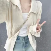 (店+)【D.studio】韓版夏季薄款小眾寬鬆顯瘦防曬外套上衣女裝衣服外套長袖上衣薄外套罩衫長版外套 J282