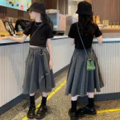 【Arbea】中大童120-170碼夏裝女童暗黑甜酷A字裙套 女中童韓系洋氣短袖大裙擺半身裙兩件套【C1480】