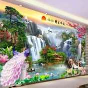寓偉 ▵▿新款客廳山水畫中國風流水生財風景布藝裝飾畫沙發背景墻貼自粘 風水畫 山水畫 財源滾滾 財水左往右流 招財 有靠山