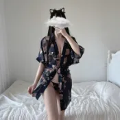 大尺碼性感日本印花大尺碼和服S~XL性感睡衣 情趣角色服 浴衣 角色扮演 薄紗透視 短版和服 C1622
