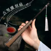 熱銷免運】🚛💦古琴鵰刻扇子折扇中國風男女式白色黑色空白灑金絹佈宣紙扇麵定製