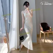 【全館免運】法式吊帶洋裝女秋季2023新款V領無袖背心裙中長版包臀針織裙子