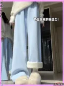 台湾出貨🔥大碼女裝藍色麥穗紋窄版針織顯瘦腿褲子女褲春秋冬季加厚加絨直筒休閒褲 百搭顯瘦 褲子女 休閒褲女