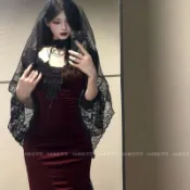【Luna】風紅色長裙萬聖節服裝大尺碼蕾絲生日聖誕魚尾裙禮服哥特絲絨連衣裙
