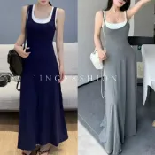 寬肩粉&細肩藍現貨秒出售完不再♥️【JinG】自帶胸墊*假兩件罩杯背心長洋裝♥️美背長裙 露背傘裙 連身裙 過膝裙