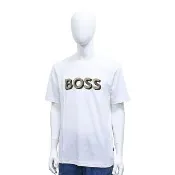 【BOSS】BOSS側邊黑標白字LOGO純綿陰影英文字設計圓領短袖T恤(男款/白)