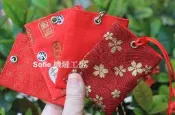 Sofie 機縫工房【金色櫻花 素面紅色 開運納財 麻葉紋】無蓋香火袋 平安符袋 五色線項鍊香火套 符令袋 結緣手工手作