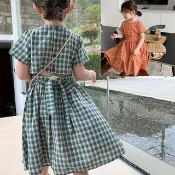 【TONYU 童嶼】韓系女童格紋露背洋裝 夏季綁帶設計氣質洋裝 純棉透氣公主裙