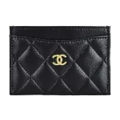 【CHANEL 香奈兒】CHANEL金字雙C LOGO菱格紋設計小牛皮3卡卡夾(黑)