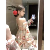 【𝐊𝐈𝐊𝐈𝐅𝐀𝐌𝐄】🌷ℛ𝑜𝓈𝑒～唯美復古💕V領美背鏤空碎花掛脖洋裝 露背洋裝 連身裙 碎花洋裝 渡假洋裝 露肩 長袖洋裝