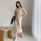 Anna S ANNAS 正韓 套裝 短袖 荷葉上衣 縮腰 襯衫 棉質 裙子 長裙 開岔 窄裙 氣質 上班族 婚禮 派對 韓國
