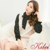 【Kilei】女裝 女生衣著 套裝 胸口領結點點襯衫+荷葉下擺刷毛背心洋裝兩件式XA3926(外杏內黑)全尺碼
