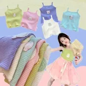 【安朵童舖】現貨韓版兒童細肩帶上衣女童刺繡印花背心上衣糖果色背心T恤無袖T恤彈力背心上衣(024)