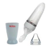 【Nuby】直立式矽膠餵食器二階段組(灰)｜飲嘴 湯匙 不接觸桌面 有蓋 副食品